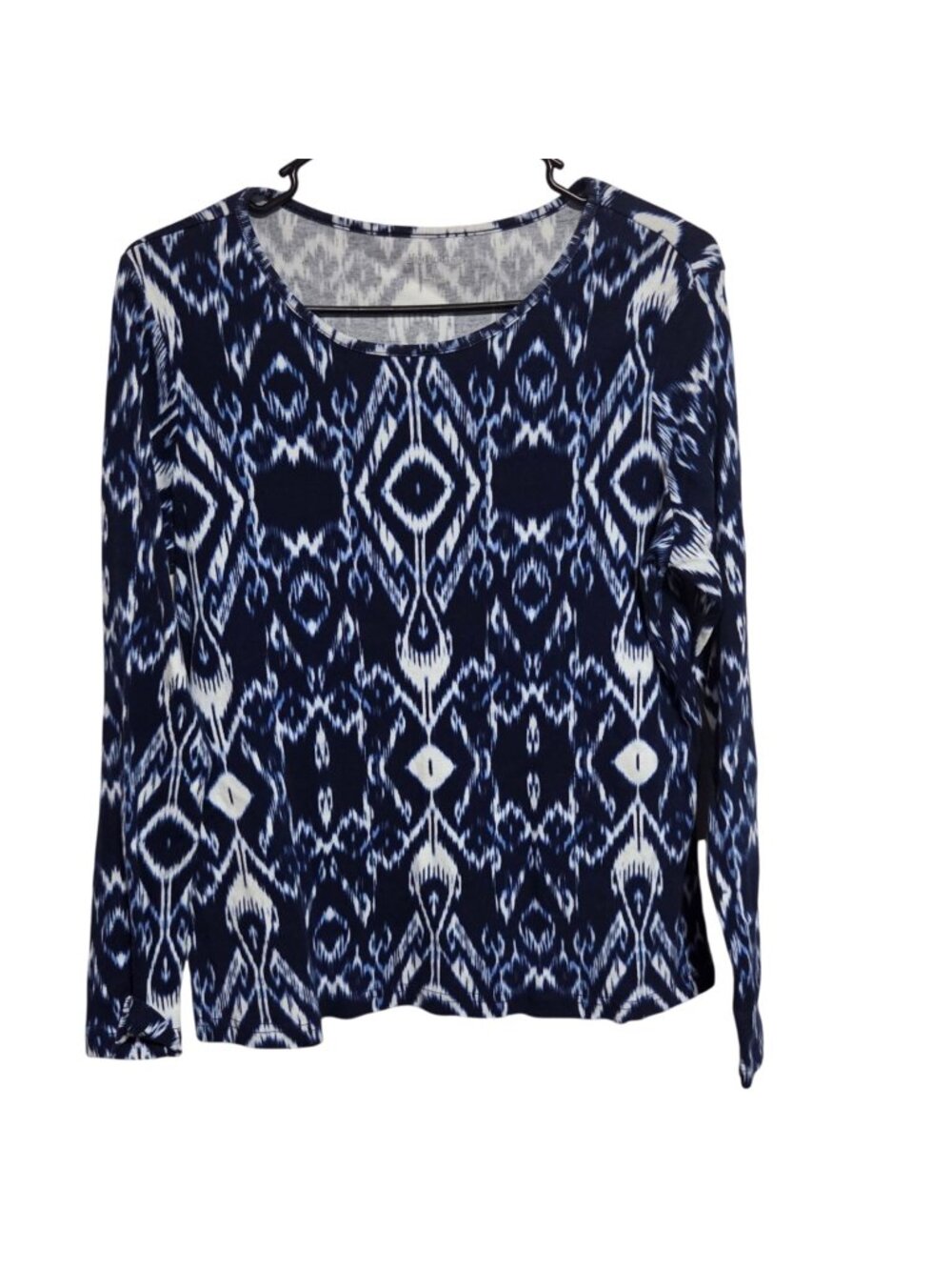 Kim Rogers Top Size Small  Blue Ikat Print Long Sleeve Boho Tribal Inspired